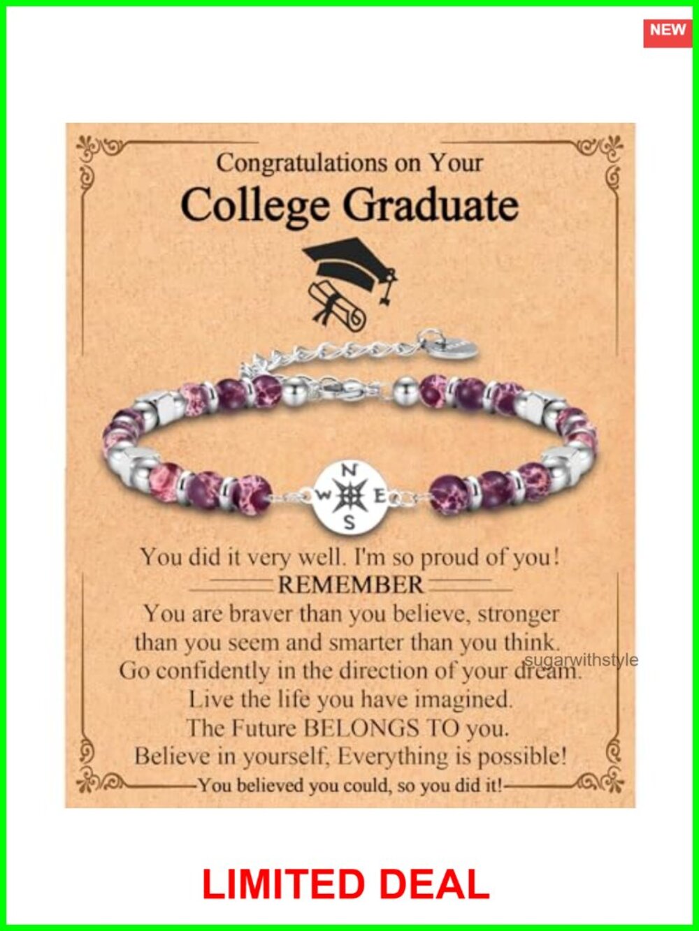 Compass Charm Bracelet Graduation Gift for Women Imperial Jasper Link